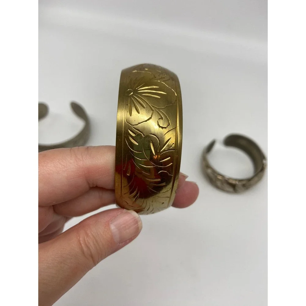 Set of 3 Vintage Boho Cuff Bracelets‎ Ornate Floral Leaf Gold Tone Silver Tone